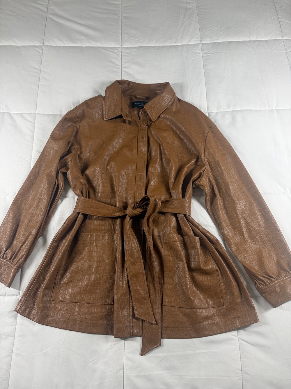 Marc Anthony Croc-Embossed Cognac Faux-Leather Belted Trench Jacket XL - Picture 2 of 11